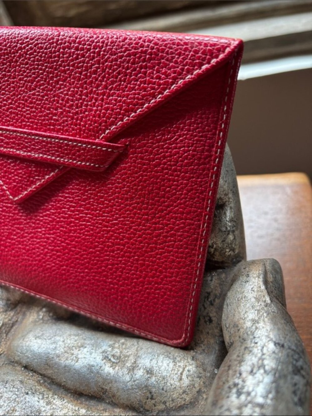 [New] TUSK Italian Pebbled Red Leather Envelope Single Wallet - Unisex
